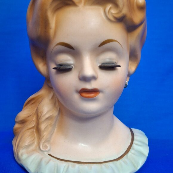 Vintage 1962 Inarco Porcelain Green Bow Lady Head Vase E-779 - Picture 1 of 10